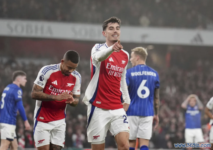 Kai Havertz mừng bàn duy nhất trong trận Arsenal Arsenal thắng Ipswich Town 1-0 trên sân Emirates， London， Anh tối 27/12. Ảnh: AP